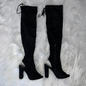 Suede Knee High Peep Toe & Heel Chunky Heel Boot